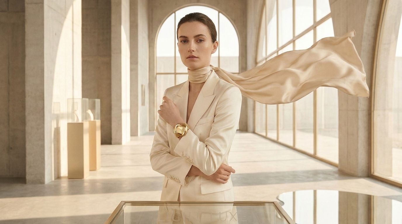 Heritage Series Hero - Cream silk fabric and modern structural line drape